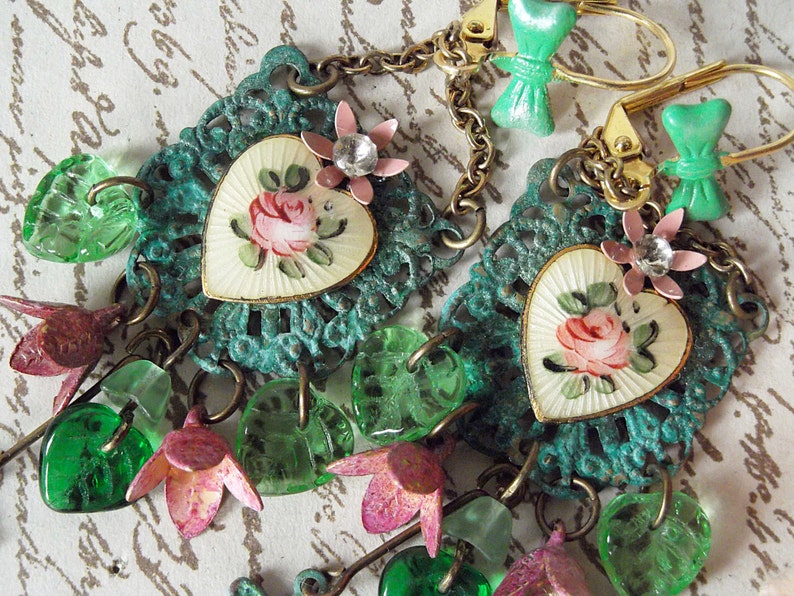 Verdigris Guilloche Heart Czech Glass Leaves Vintage Buds /& Dragonfly Chandelier Dangle Earrings