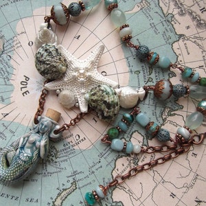 Under The Sea, Mermaid Bottle, Starfish, Shell and Semi Precious Stones, Beaded Bib Necklace, MockiDesigns, Gift Wrapped image 1