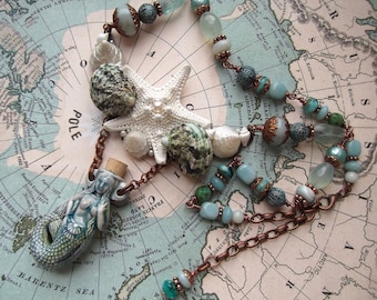 Under The Sea, Mermaid Bottle, Starfish, Shell and Semi Precious Stones, Beaded Bib Necklace, MockiDesigns, Gift Wrapped