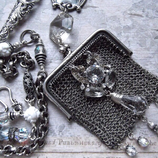 Silver Chatelaine,Antiques Mesh Purse,Silver Chainmaille Purse,Silver Purse Necklace,Chatelaine Necklace,MockiDesigns,Gift Wrapped