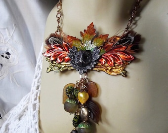 Rusty Black Owl, Victorian Frame, African Trade Beads, Pearls, Feather Tassel, Hand painted, Fall Color Necklace, MockiDesigns, Gift Wrapped