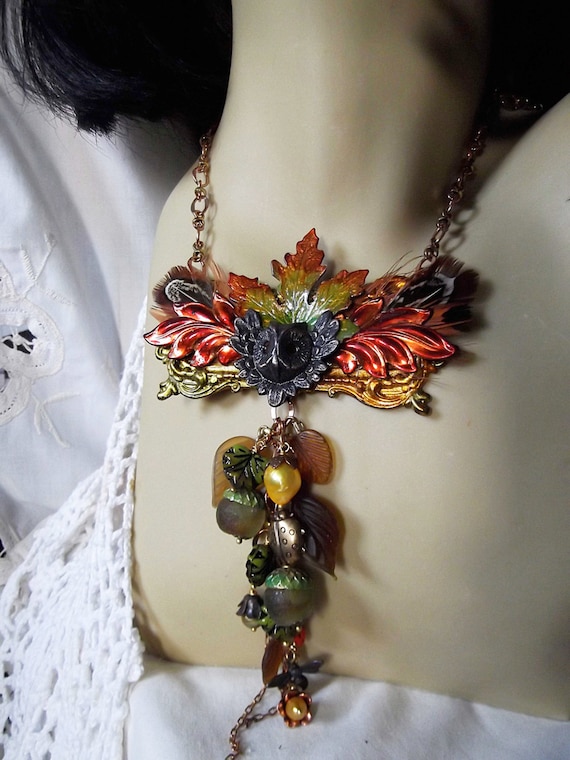 Rusty Black Owl, Victorian Frame, African Trade Beads, Pearls, Feather Tassel, Hand painted, Fall Color Necklace, MockiDesigns, Gift Wrapped