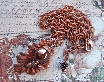 Leaf Pendant, Old Rose Copper, Victorian Oak Leaf, Acorns, Handmade Raku Beads, Vintage Chain, MockiDesigns, Gift Wrapped