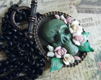 Raku Skull Necklace, Black Skull Necklace, Rusty Black Necklace, Green Raku Skull, Porcelain Roses,Roses and Skull,MockiDesigns,Gift Wrapped