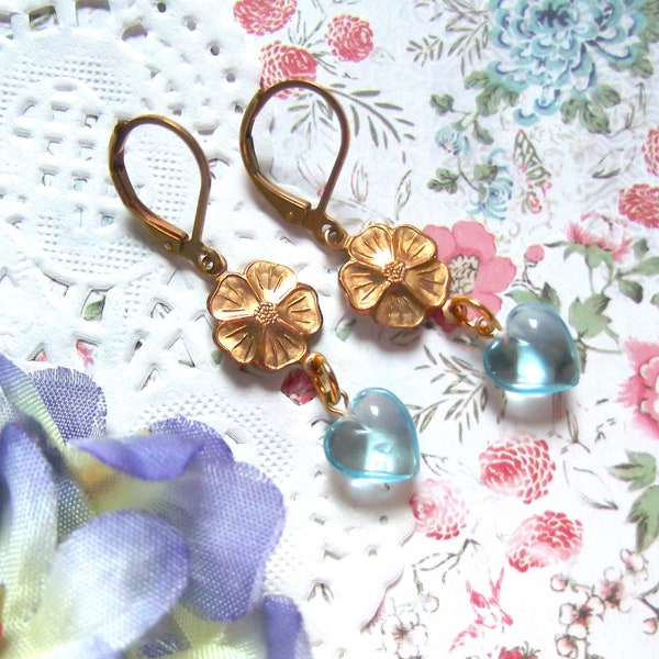 Petite Drops, Small Flower & Heart, Aqua Heart Drop, Flower and Heart Drop, Aqua and Gold, Vintage Heart, OOAK, MockiDesigns, Gift Wrapped