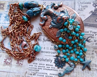 Vintage Locket, Large Locket, Locket With Fish, SeaCreature Locket, Gingerbread Patina, Ocean Locket, Vintage Chain, Apatite, Rosary Chain