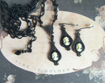 Necklace & Earring Set, Black and Cameo, Black Brass, Black and White Cameo, Petite Set, MockiDesigns, Gift Wrapped
