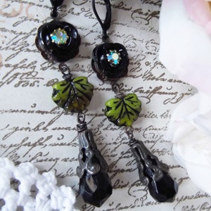 Rusty Black Dangles,Czech Glass Leaf,Black Rose and Crystal,Long Dangles,Victorian Dangles,Black & Green Dangles,MockiDesigns,Gift Wrapped image 1