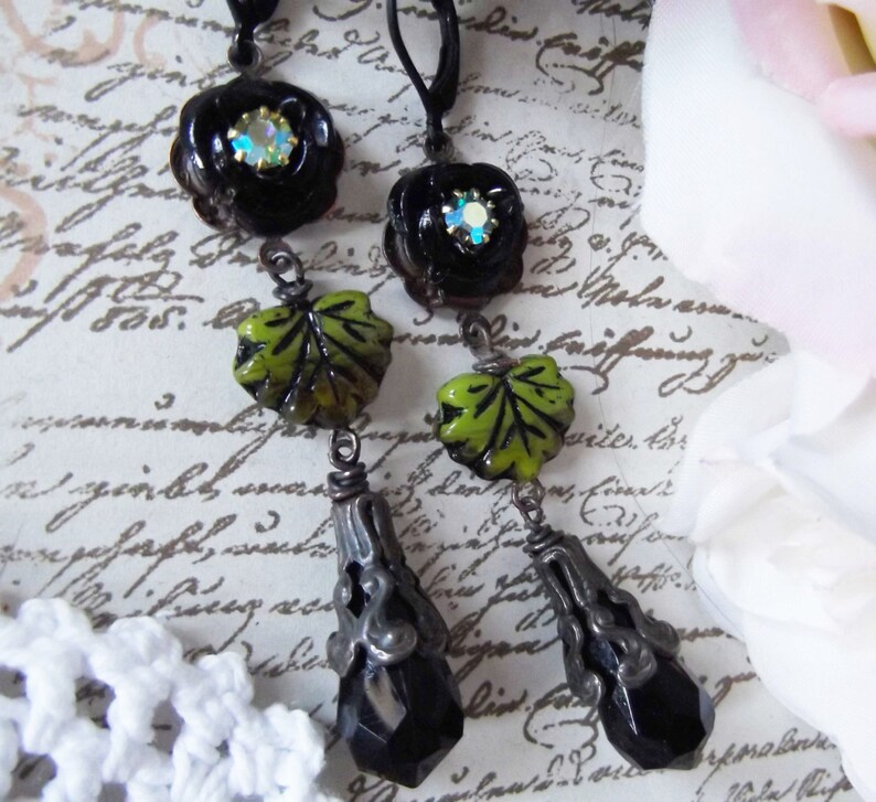 Rusty Black Dangles,Czech Glass Leaf,Black Rose and Crystal,Long Dangles,Victorian Dangles,Black & Green Dangles,MockiDesigns,Gift Wrapped image 1