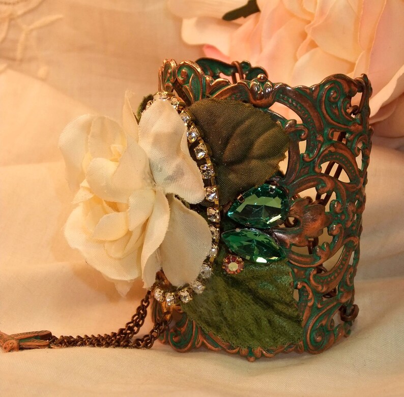 Green Patina Copper Ox Filigree Cuff with Roses Butterfly and Rhinestones Leaves