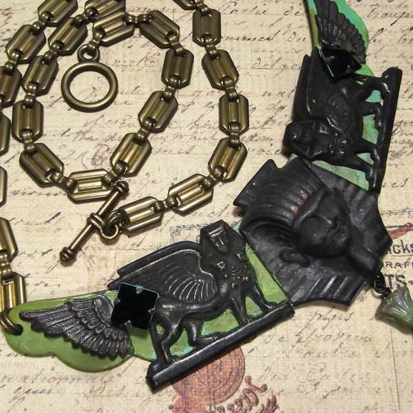 Egyptian Style, Pharao, Winged Sphinx, VerdiGris, Large Necklace, Black & Green, Patina and Black, OOAK, MockiDesigns, Gift Wrapped