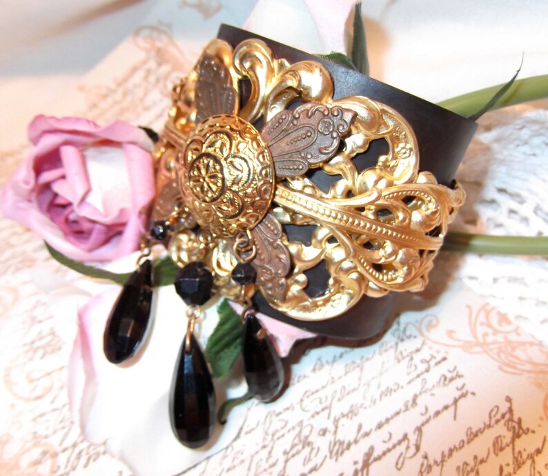 Vintage Earring Focal Multilayer Cuff Black Patina Cuff,Cuff With Arrow MockiDesigns,Gift Wrap Included Black and Gold Layered Brass