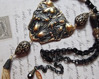 Matte Black Brass, Black & Gold, Victorian Style Beads, Black Book Chain, Maple Leaves, Art Nouveau, Statement, Tassel Necklace,Gift Wrapped
