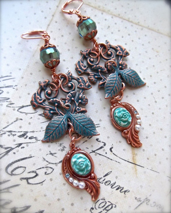 Chandelier Earrings,Aqua Copper Brass, Filigree and Leaves, Vintage Aqua Cameo, Hand Set Pearls,Czech Crystal Bead,MockiDesigns,Gift Wrapped