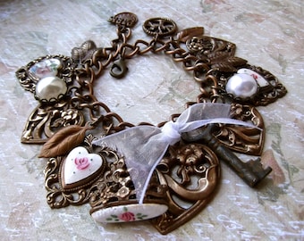 Chocolate Brass, Multi Heart, Guilloche Heart, FOB, Vintage Key, Charm Bracelet, Victorian Hearts, OOAK, MockiDesigns, Gift Wrapped