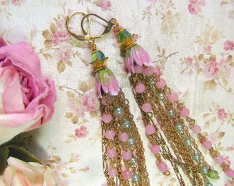 Pink Tulip, Shoulder Dusters, Flower Earrings, Multi Beaded, Pink and Green, Long Multi Chain Earring, MockiDesigns, Gift Wrapped