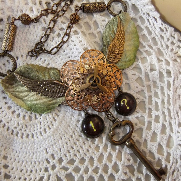 Steampunk Bib, 3 Color Filigree,Propeller Bib,Wings & Propeller,Vintage Key,Typewriter Key Charms,Millinery Leaves,MockiDesigns,Gift Wrapped