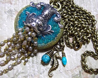 Large Locket Pendant,SeaCreature Locket,Ocean Locket,Brass Silver Locket,Rosary Chain,Silver Plated Brass,Gargoyle,MockiDesigns,Gift Wrapped