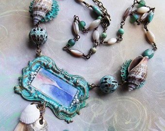 Montauk Memories, Verdigris Brass, Shell Turquoise MOP, Wire Wrapped Necklace, Beach Necklace,Ocean Theme, Shells, MockiDesigns,Gift Wrapped