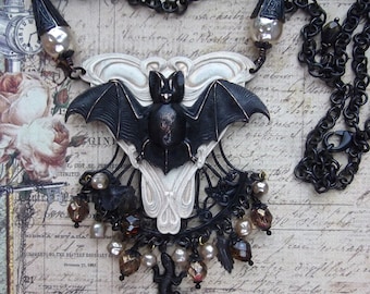 Art Deco Bat, Black Bat necklace, Matte Black Brass Bat,Flying Black Bat,Halloween,Lizard,Vintage Faux Pearls,MockiDesigns,Gift Wrapped