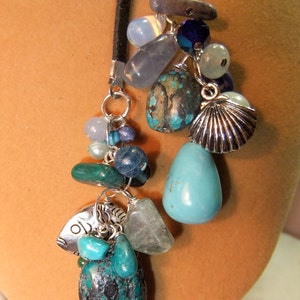 The Teals, Body Lariat, Cluster Tassel, Beach Theme,Semi Precious, Nugget Stones, Boho, Hippie, Fish Charm, OOAK, MockiDesigns, Gift Wrapped image 5