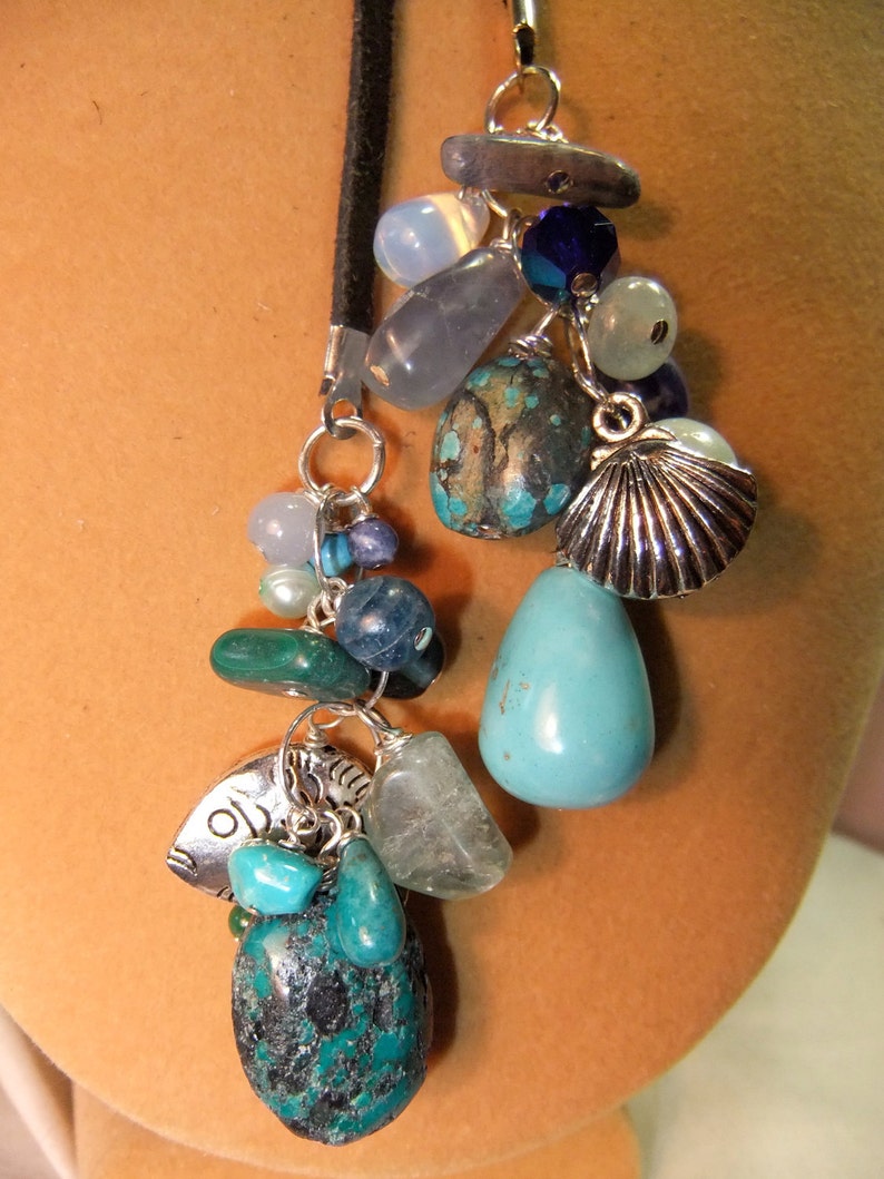 The Teals, Body Lariat, Cluster Tassel, Beach Theme,Semi Precious, Nugget Stones, Boho, Hippie, Fish Charm, OOAK, MockiDesigns, Gift Wrapped image 5