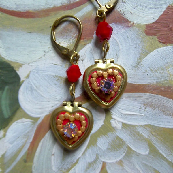 Small Heart Locket, Locket Earring, Red and Gold Drop, Heart Dangles, Brass Dangles, Rhinestone Accent, MockiDesigns, Gift Wrapped