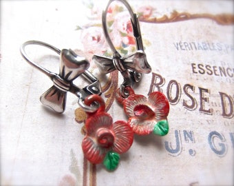 Small Red Rose Drops, BSue by 1928 Roses, Tiny Roses, Red Earrings, Petite Rose Drops, Silver Bow Lever Backs, MockiDesigns, Gift Wrapped