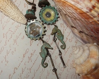 Verdigris,Seahorse,Sea Horse Dangle,Turquoise,Watch Parts,Gears,Ship and Eye Cabs,Summer Earrings,Steampunk,Gift Wrapped,MockiDesigns