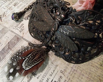 Rusty Black Wide Choker,Brass Filigree Choker, Dragonfly & Feathers Choker, Fall Choker, Large Choker, MockiDesigns, Gift Wrapped