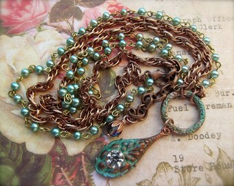 BSue by 1928 Pendant, Verdigris Gingerbread, Verdigris Pendant, Rosary Chain, Verdigris Patina, Gingerbread Pendant, Petite Necklace