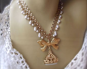 Book Chain & FOB, Bow and FOB, Book Chain Necklace, Guilloche Dresden Rose, Vintage Guilloche, Book Chain with Pearl Fringe, Gift Wrapped