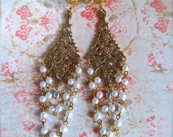 Golden Chandeliers,Brass Filigree,Faux Pearl Chain,Rosary Chain Chandelier,Filigree and Pearl,Vintage Rosary Chain,MockiDesigns,Gift Wrapped