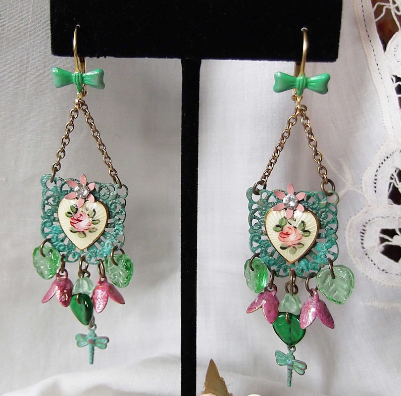 Verdigris Guilloche Heart Czech Glass Leaves Vintage Buds /& Dragonfly Chandelier Dangle Earrings