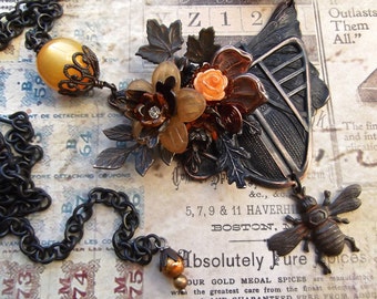 Mothra Bib, Floral Leaf Mothra Assemblage, Black Brass, Vintage Beads, Autumn Bib, Floral Goth Bib, Bee Pendant, MockiDesigns, Gift Wrapped