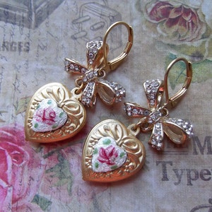 Sweet Rhinestone Bow, Matte Gold Heart, Guilloche Enameled Heart, Heart Dangles, Gold and Rhinestone, MockiDesigns, Gift Wrapped