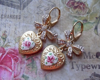 Sweet Rhinestone Bow, Matte Gold Heart, Guilloche Enameled Heart, Heart Dangles, Gold and Rhinestone, MockiDesigns, Gift Wrapped