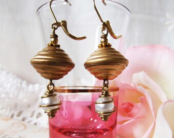 Raw Brass Vintage Satellite Bead & Caged Faux Pearl Earring