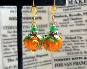 Pumpkin Earrings, Hand blown Glass Pumpkins, Orange Pumpkins, Pumpkin Dangles, MockiDesigns, Gift Wrapped