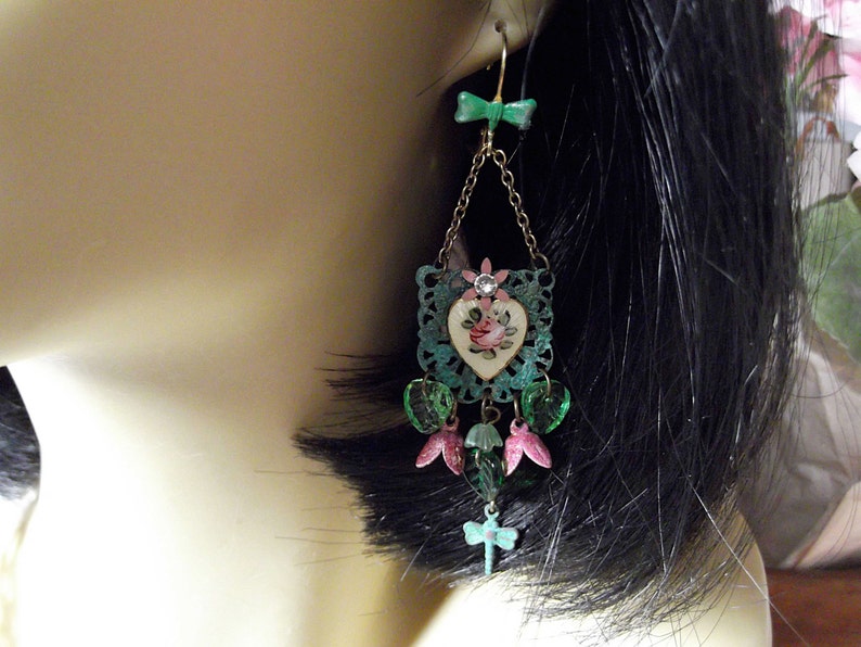 Verdigris Guilloche Heart Czech Glass Leaves Vintage Buds /& Dragonfly Chandelier Dangle Earrings