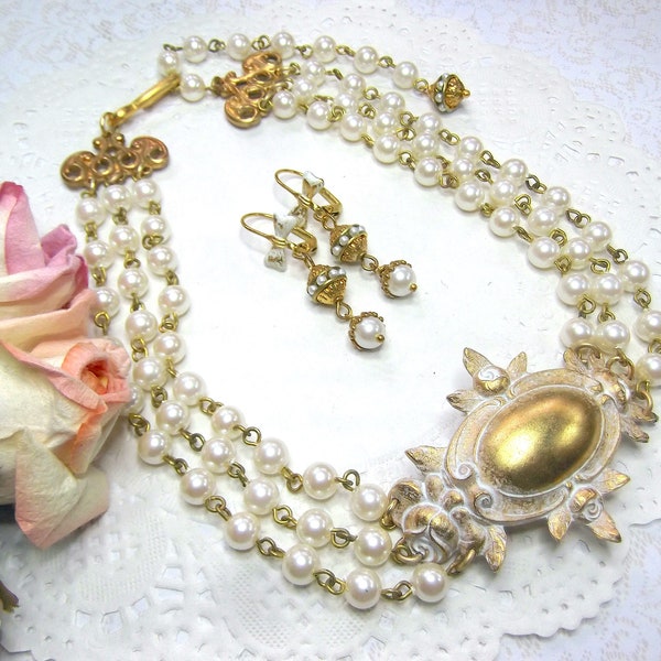 Faux Pearl Choker, Rosary Chain & Brass, Rose and Pearl, White Brass Rose,Adjustable White Choker, 3 Strand Pearl,MockiDesigns, Gift Wrapped
