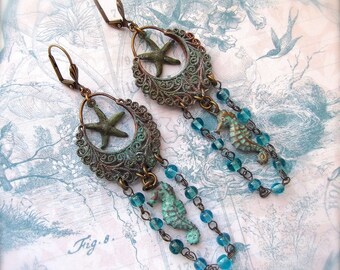 Verdigris Filigree Hoop, Vintage Hoops, Hand Patina Hoops, Ocean Hoops, Starfish, Seahorse, Ocean Theme, Seashore, MockiDesigns,Gift Wrapped