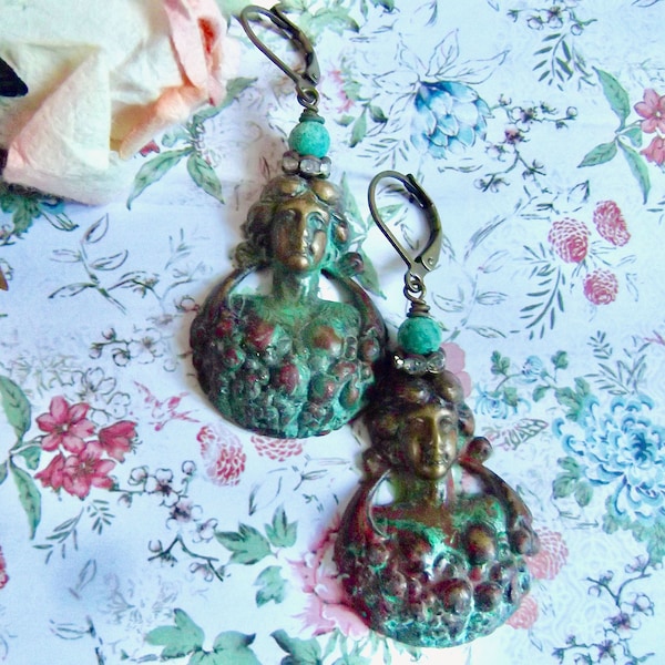 Patina Lady Earring, Patina Dangles, Brass with Patina, Verdigris Dangles, Bosom & Flowers, Turquoise and Brass, MockiDesigns, Gift Wrapped