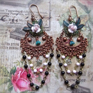 French Vintage Brass, Filigree Chandelier, Vintage Rosary Chain, Ceramic Rose, Czech Bell Caps, Chandelier Earrings
