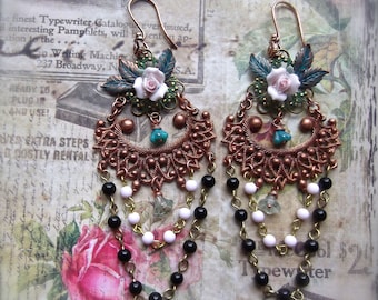 French Vintage Brass, Filigree Chandelier, Vintage Rosary Chain, Ceramic Rose, Czech Bell Caps, Chandelier Earrings