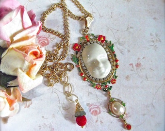 Porcelain Doll Face, Doll Cameo Pendant, Floral Face Pendant,Red Swarovski Drop,Red & White,MockiDesigns,Gift Wrapped