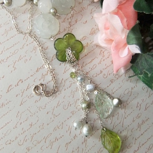 Sterling Silver, Floral Blooms Necklace, Cultured Pearls, New Jade, Candy Jade, Pearls and Silver, Flower Necklace,MockiDesigns,Gift Wrapped