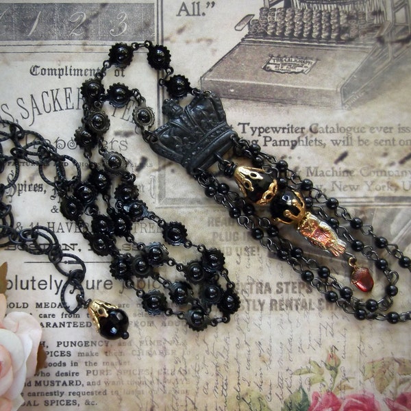 Black Crown, Black Rosary Chain, Owl and Acorn, Black Brass, OOAK, MockiDesigns, Gift Wrapped