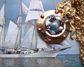 Nautical Port Hole Pendant With Shells, Seahorse, Vintage Matte Golden Rolo Chain & Fancy Bail, MockiDesigns, Gift Wrapped