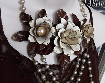 Rose Bib, Floral Bib, Metal and Vintage Rosary Bead, Rustic Flowers, Shabby Necklace